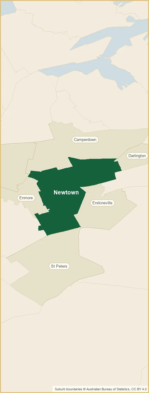 Map of the Newtown plumbing service area, with Newtown shaded and the surrounding suburbs marked: Enmore, Camperdown, Stanmore out to St Peters, Erskineville, Darlington and more