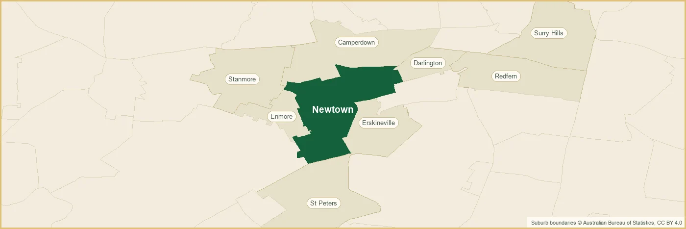 Map of the Newtown plumbing service area, covering Enmore, Camperdown, Stanmore, St Peters, Erskineville, Darlington, Redfern, Surry Hills, Enmore, Camperdown, Stanmore, St Peters, Erskineville, Darlington, Redfern, Surry Hills, Enmore, Camperdown and Stanmore